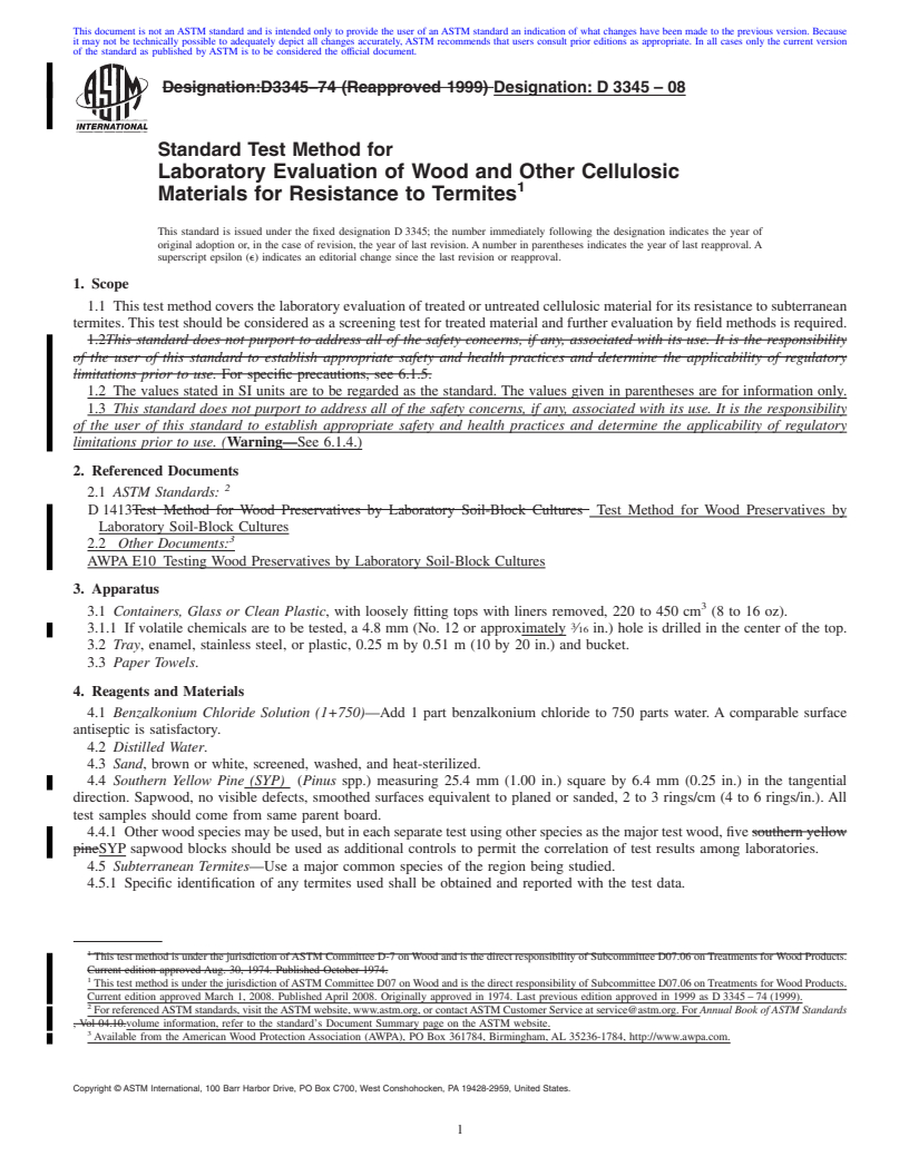 REDLINE ASTM D3345-08 - Standard Test Method for  Laboratory Evaluation of Wood and Other Cellulosic Materials for Resistance    to Termites