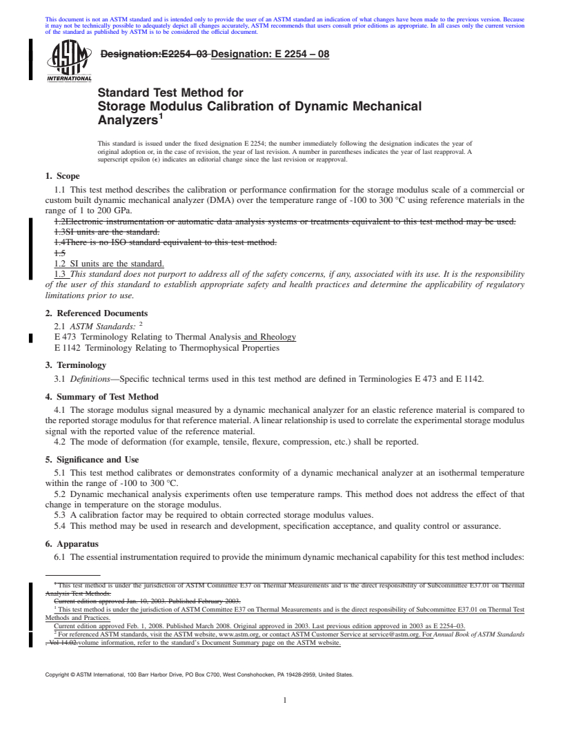 REDLINE ASTM E2254-08 - Standard Test Method for Storage Modulus Calibration of Dynamic Mechanical Analyzers