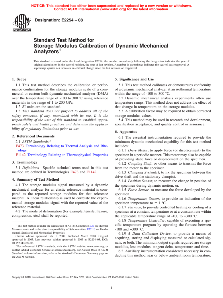 ASTM E2254-08 - Standard Test Method for Storage Modulus Calibration of Dynamic Mechanical Analyzers