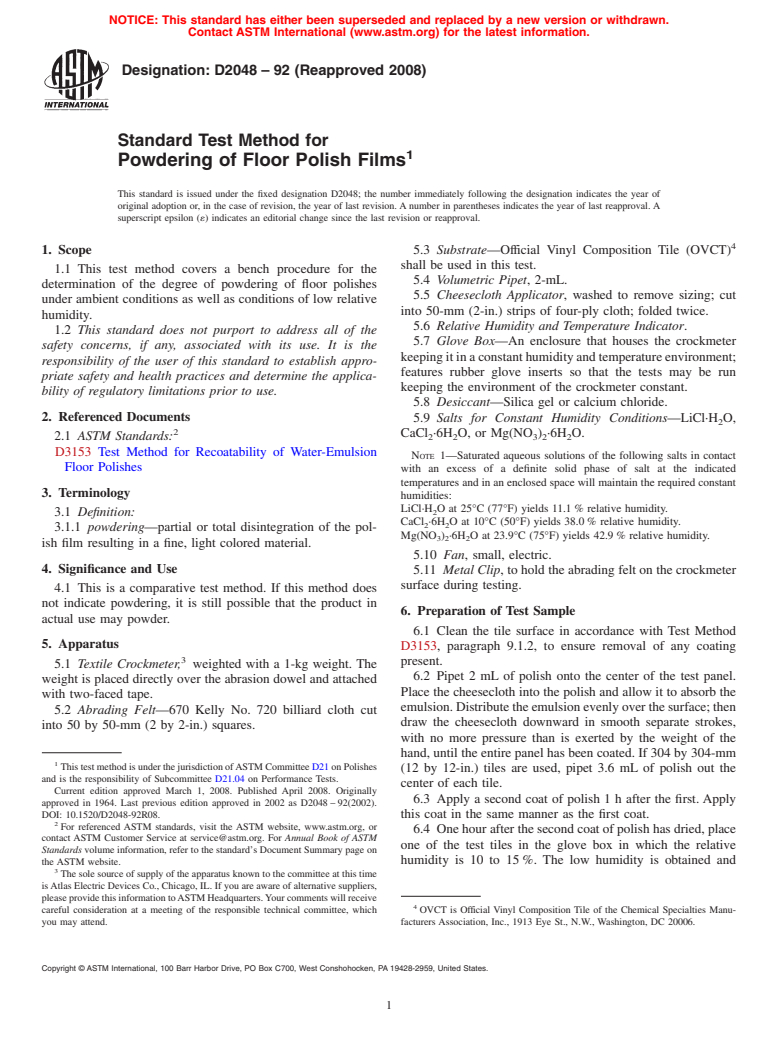 ASTM D2048-92(2008) - Standard Test Method for  Powdering of Floor Polish Films