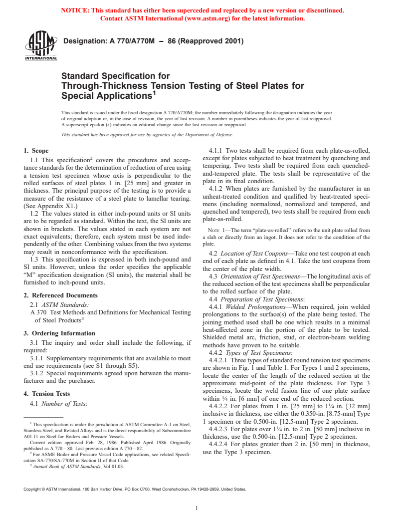 ASTM A770/A770M-86(2001) - Standard Specification for Through-Thickness Tension Testing of Steel Plates for Special Applications