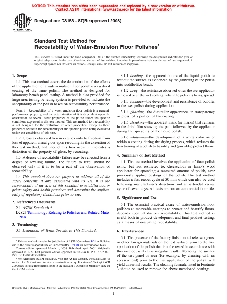 ASTM D3153-87(2008) - Standard Test Method for  Recoatability of Water-Emulsion Floor Polishes