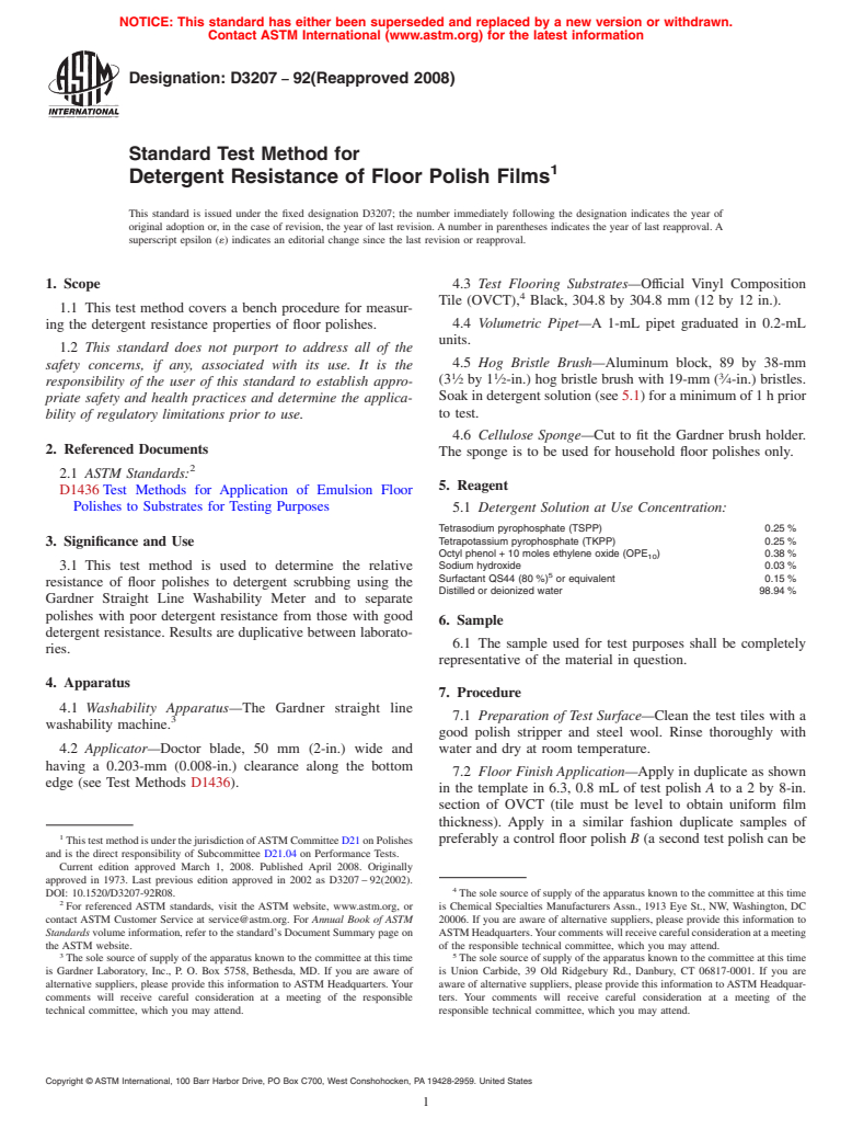 ASTM D3207-92(2008) - Standard Test Method for  Detergent Resistance of Floor Polish Films