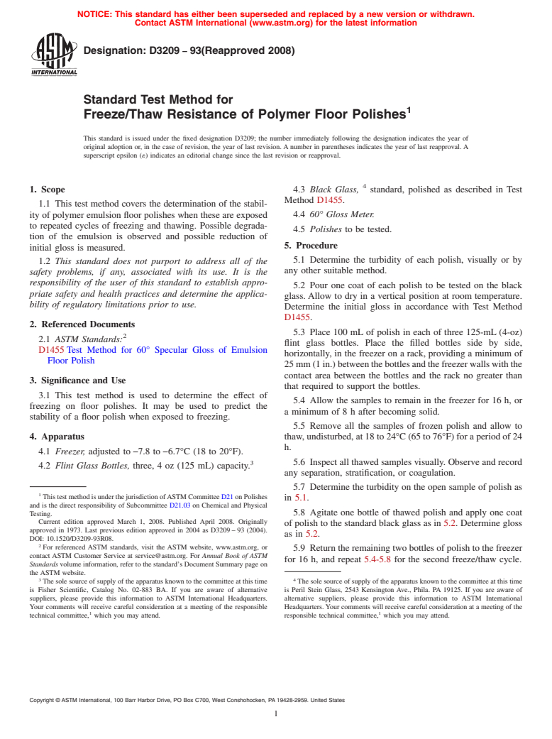 ASTM D3209-93(2008) - Standard Test Method for  Freeze/Thaw Resistance of Polymer Floor Polishes