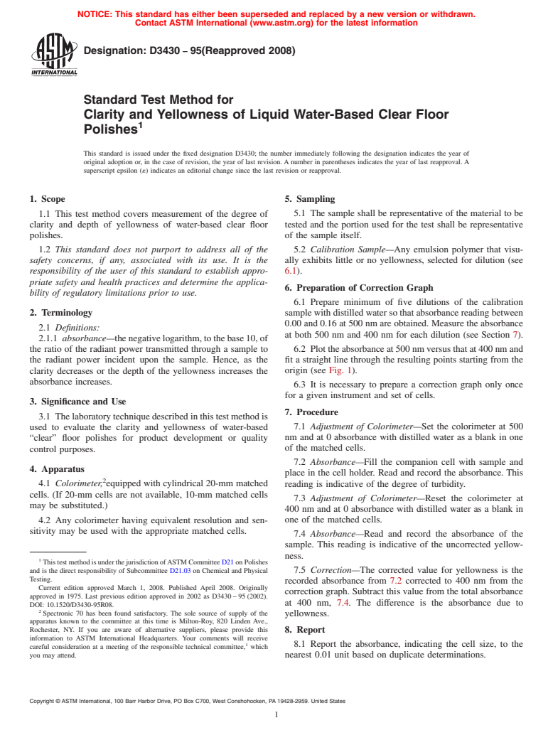 ASTM D3430-95(2008) - Standard Test Method for  Clarity and Yellowness of Liquid Water-Based Clear Floor Polishes