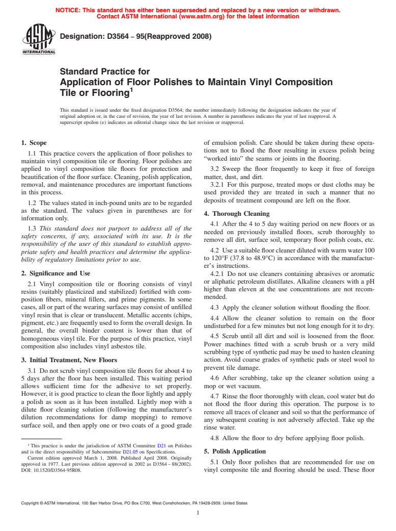 ASTM D3564-95(2008) - Standard Practice for  Application of Floor Polishes to Maintain Vinyl Composition Tile or Flooring