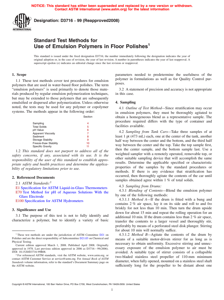ASTM D3716-99(2008) - Standard Test Methods for  Use of Emulsion Polymers in Floor Polishes