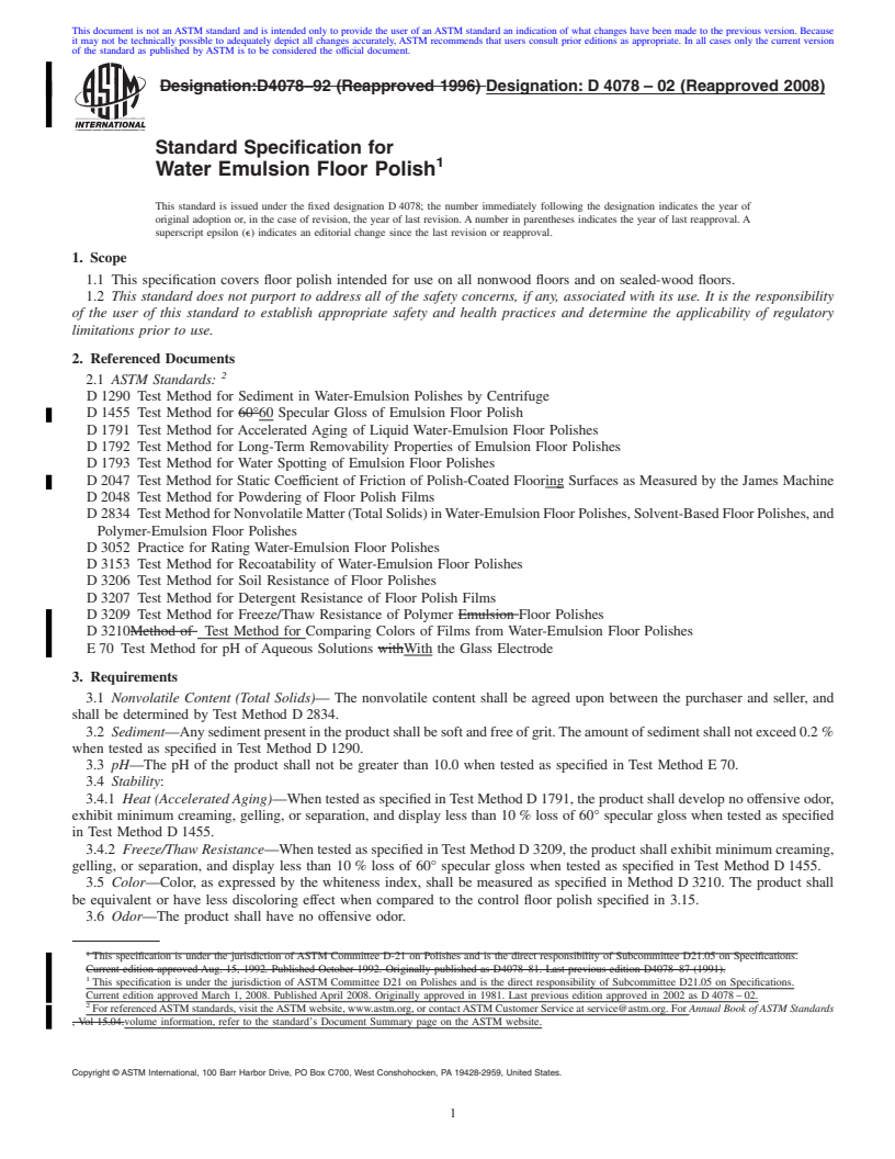 REDLINE ASTM D4078-02(2008) - Standard Specification for  Water Emulsion Floor Polish