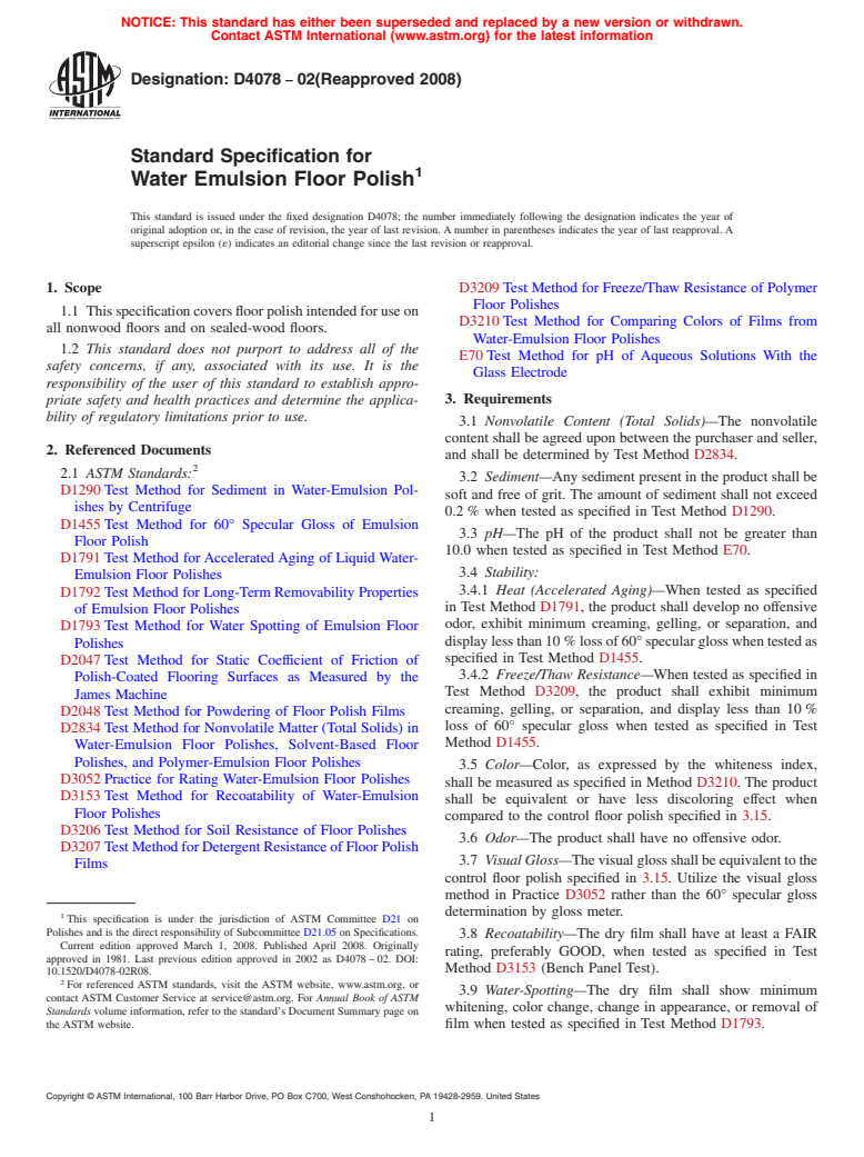 ASTM D4078-02(2008) - Standard Specification for  Water Emulsion Floor Polish