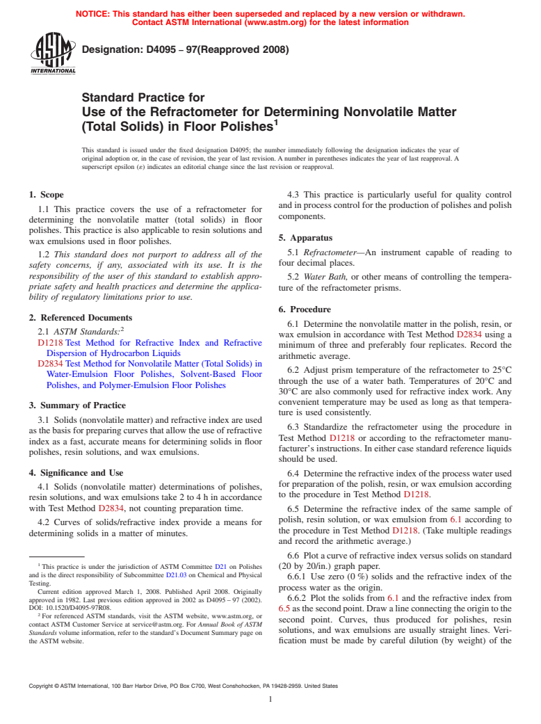 ASTM D4095-97(2008) - Standard Practice for  Use of the Refractometer for Determining Nonvolatile Matter (Total Solids) in Floor Polishes