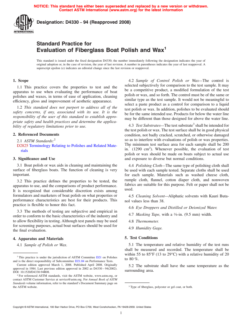 ASTM D4330-94(2008) - Standard Practice for  Evaluation of Fiberglass Boat Polish and Wax