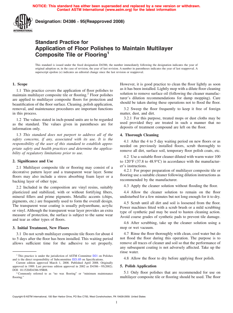 ASTM D4386-95(2008) - Standard Practice for Application of Floor Polishes to Maintain Multilayer Composite Tile or Flooring