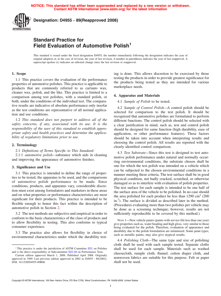 ASTM D4955-89(2008) - Standard Practice for Field Evaluation of Automotive Polish