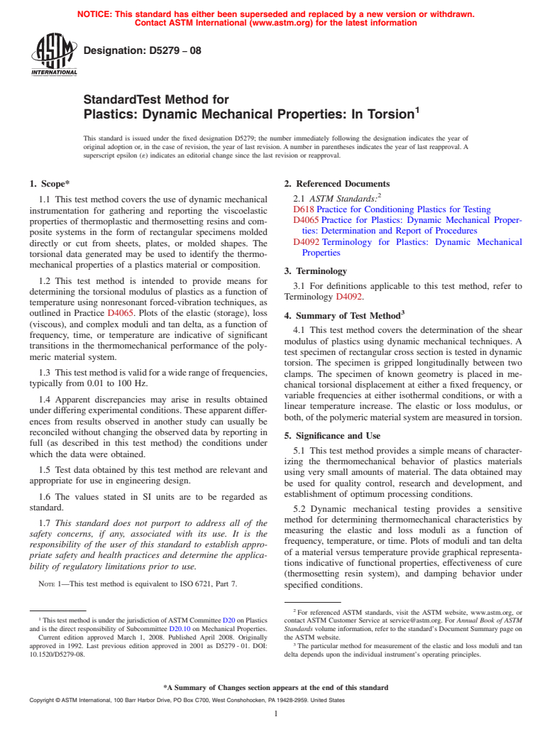 ASTM D5279-08 - Standard Test Method for Plastics: Dynamic Mechanical Properties: In Torsion