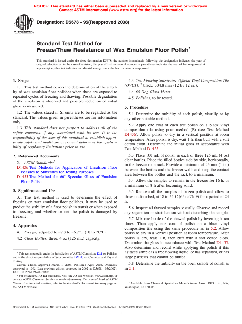 ASTM D5678-95(2008) - Standard Test Method for  Freeze/Thaw Resistance of Wax Emulsion Floor Polish