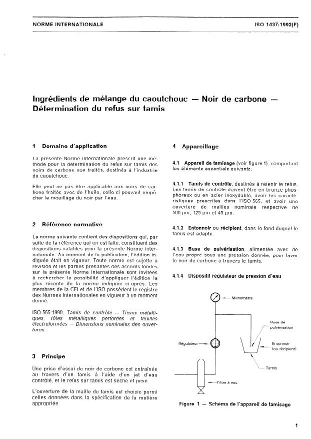 ISO 1437:1992 - Ingrédients de mélange du caoutchouc -- Noir de carbone -- Détermination du refus sur tamis