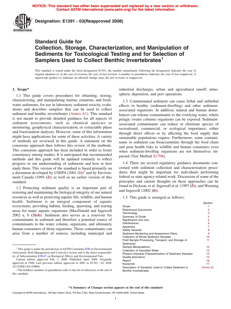 ASTM E1391-03(2008) - Standard Guide for Collection, Storage, Characterization, and Manipulation of Sediments for Toxicological Testing and for Selection of Samplers Used to Collect Benthic Invertebrates