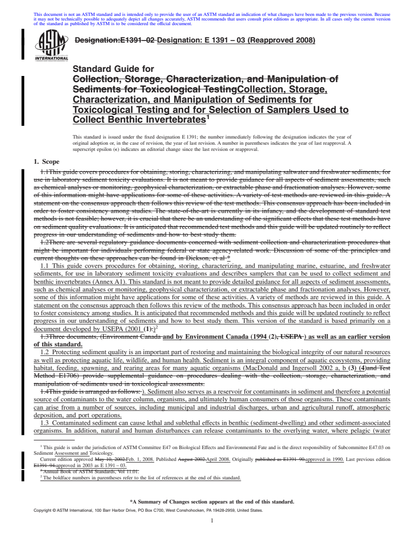 REDLINE ASTM E1391-03(2008) - Standard Guide for Collection, Storage, Characterization, and Manipulation of Sediments for Toxicological Testing and for Selection of Samplers Used to Collect Benthic Invertebrates