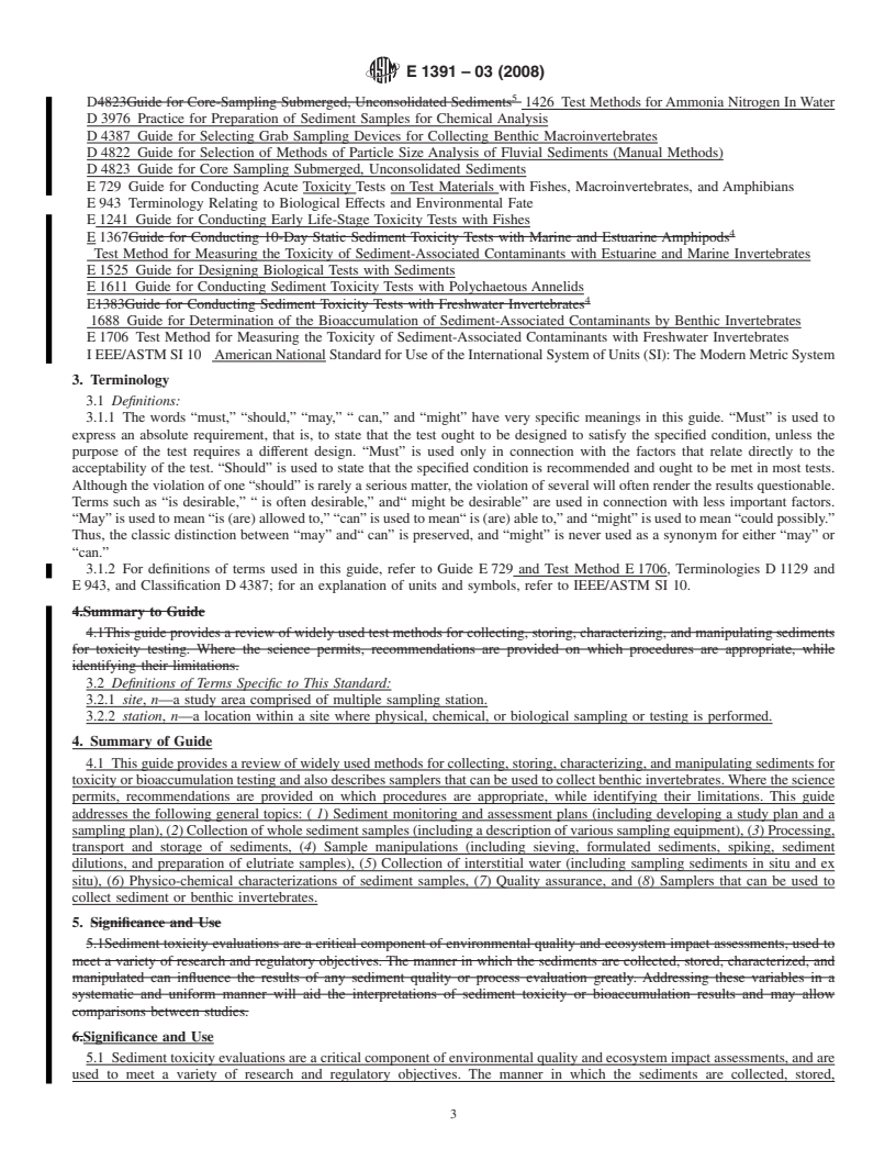 REDLINE ASTM E1391-03(2008) - Standard Guide for Collection, Storage, Characterization, and Manipulation of Sediments for Toxicological Testing and for Selection of Samplers Used to Collect Benthic Invertebrates