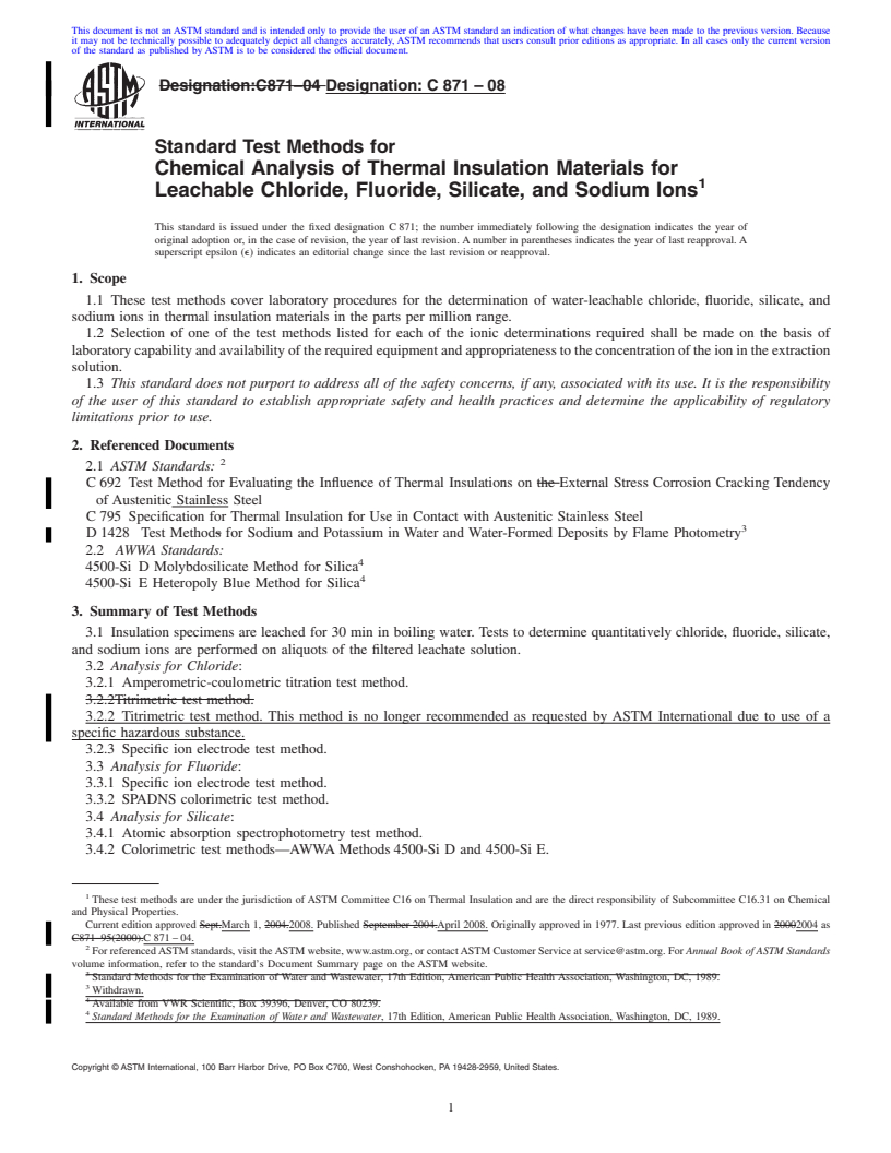 REDLINE ASTM C871-08 - Standard Test Methods for  Chemical Analysis of Thermal Insulation Materials for Leachable Chloride, Fluoride, Silicate, and Sodium Ions