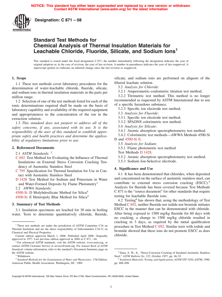 ASTM C871-08 - Standard Test Methods for  Chemical Analysis of Thermal Insulation Materials for Leachable Chloride, Fluoride, Silicate, and Sodium Ions
