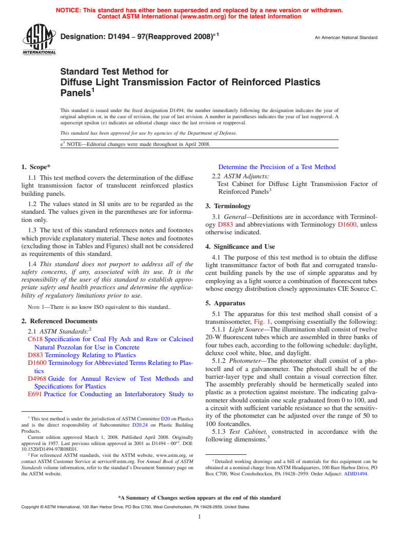 ASTM D1494-97(2008)e1 - Standard Test Method for Diffuse Light Transmission Factor of Reinforced Plastics Panels