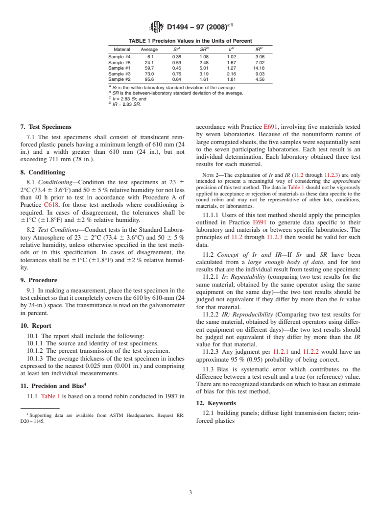 ASTM D1494-97(2008)e1 - Standard Test Method for Diffuse Light Transmission Factor of Reinforced Plastics Panels