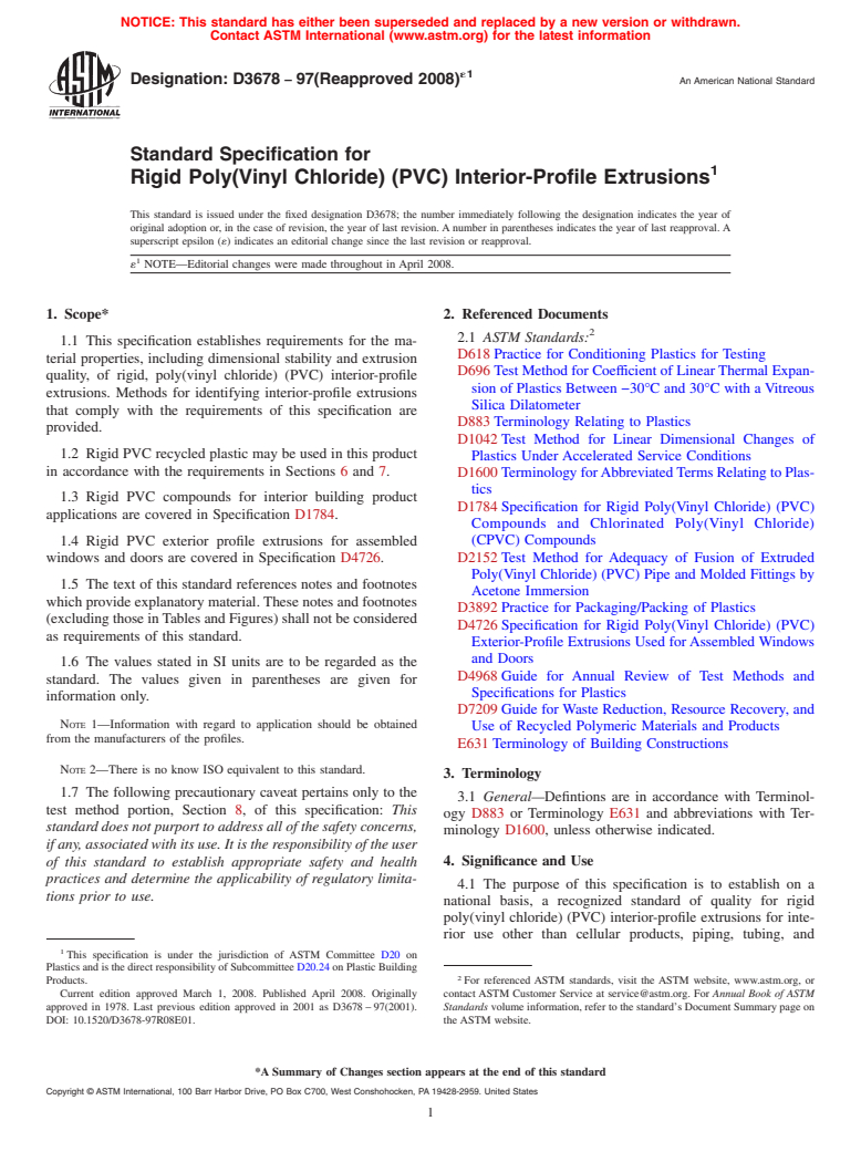 ASTM D3678-97(2008)e1 - Standard Specification for  Rigid Poly(Vinyl Chloride) (PVC) Interior-Profile Extrusions