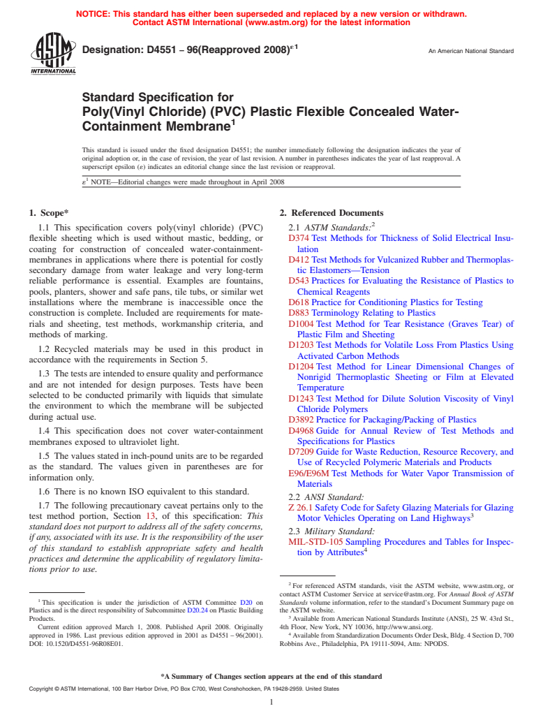 ASTM D4551-96(2008)e1 - Standard Specification for  Poly(Vinyl Chloride) (PVC) Plastic Flexible Concealed Water-Containment Membrane