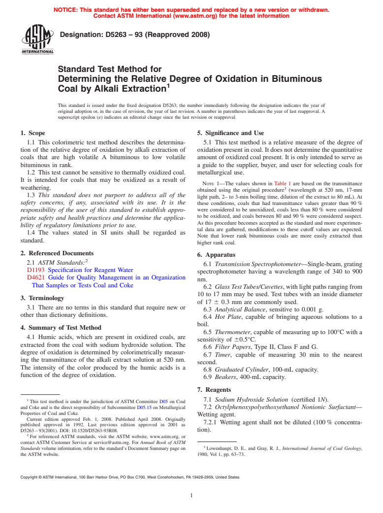 ASTM D5263-93(2008) - Standard Test Method for  Determining the Relative Degree of Oxidation in Bituminous Coal by Alkali Extraction