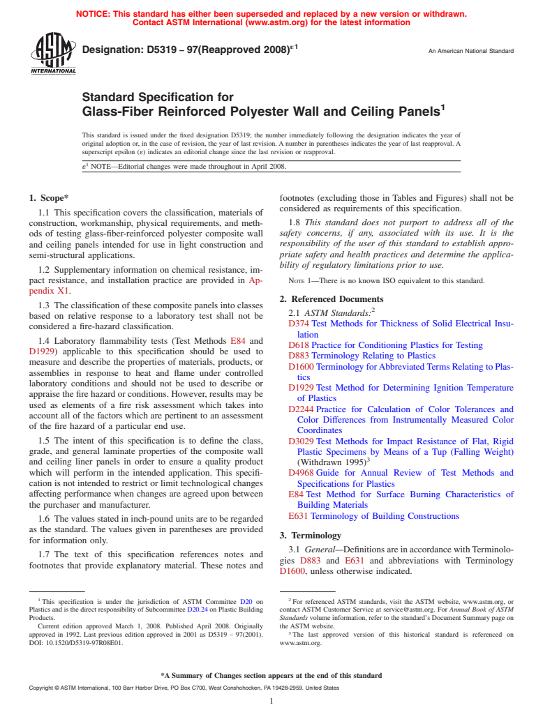 ASTM D5319-97(2008)e1 - Standard Specification for Glass-Fiber Reinforced Polyester Wall and Ceiling Panels