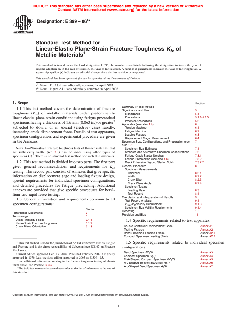 ASTM E399-06e2 - Standard Test Method for Linear-Elastic Plane-Strain Fracture Toughness <bdit>K<inf> Ic</inf></bdit> of Metallic Materials