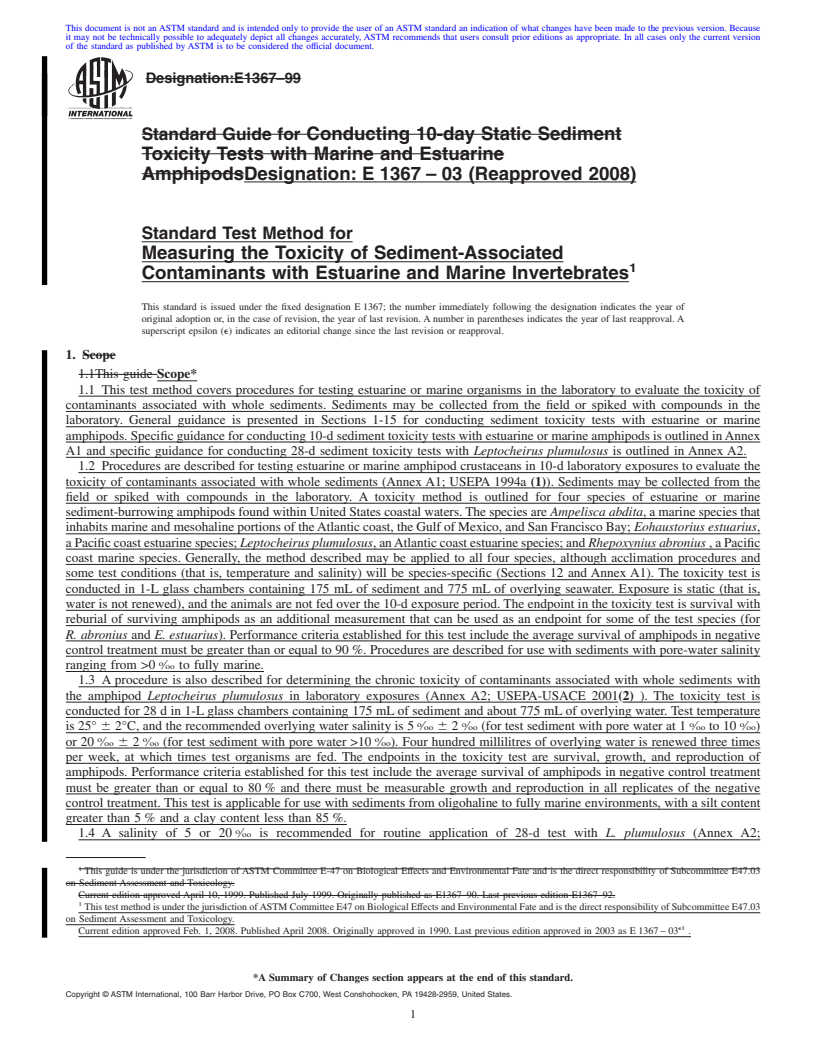 REDLINE ASTM E1367-03(2008) - Standard Test Method for Measuring the Toxicity of Sediment-Associated Contaminants with Estuarine and Marine Invertebrates