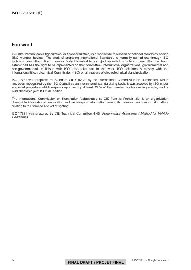 ISO/FDIS 17731 ISO/FDIS 17731 - Vehicle headlighting systems photometric performance -- Method of assessment - Page 4 preview