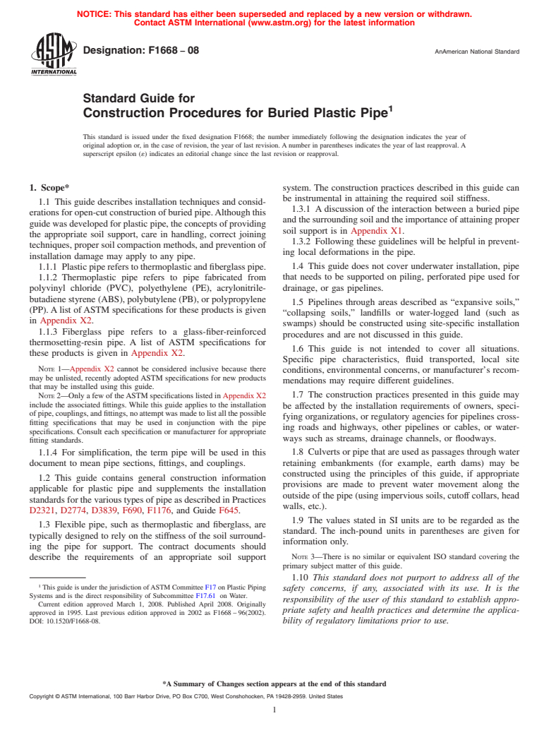 ASTM F1668-08 - Standard Guide for Construction Procedures for Buried Plastic Pipe