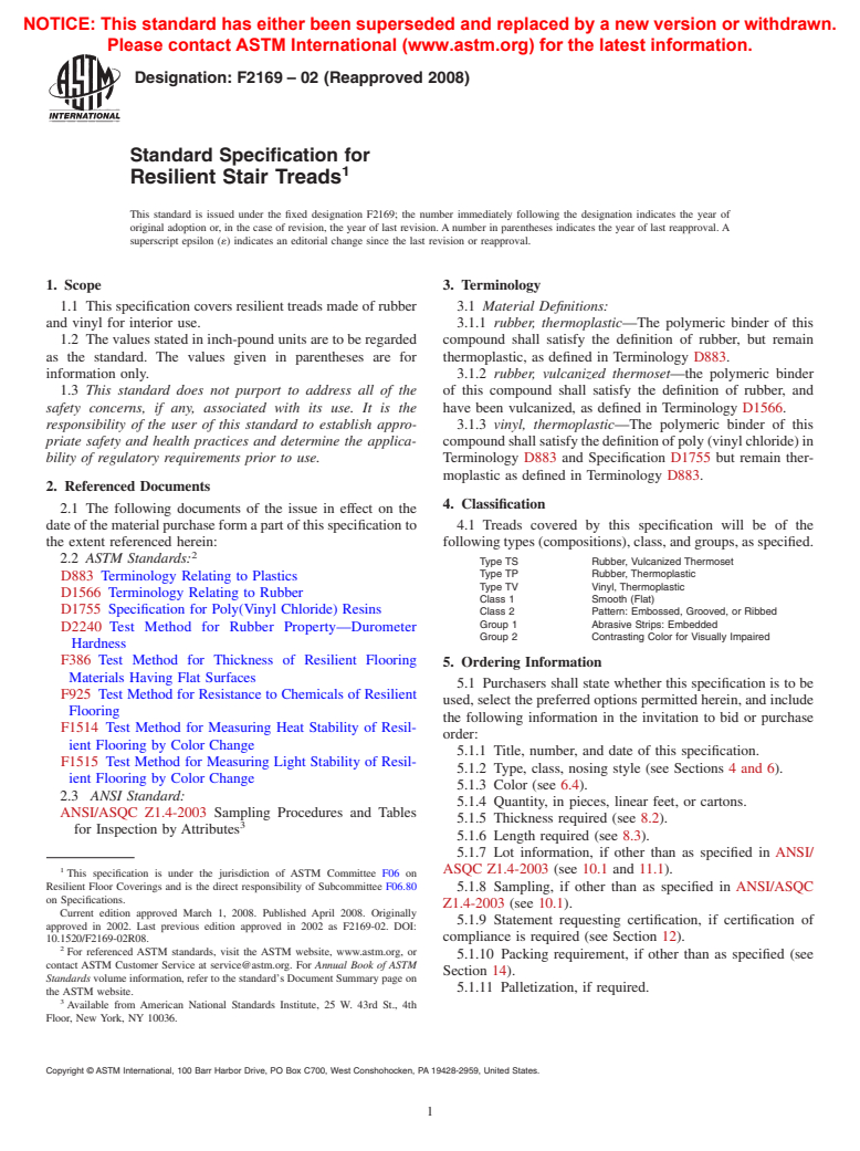 ASTM F2169-02(2008) - Standard Specification for Resilient Stair Treads