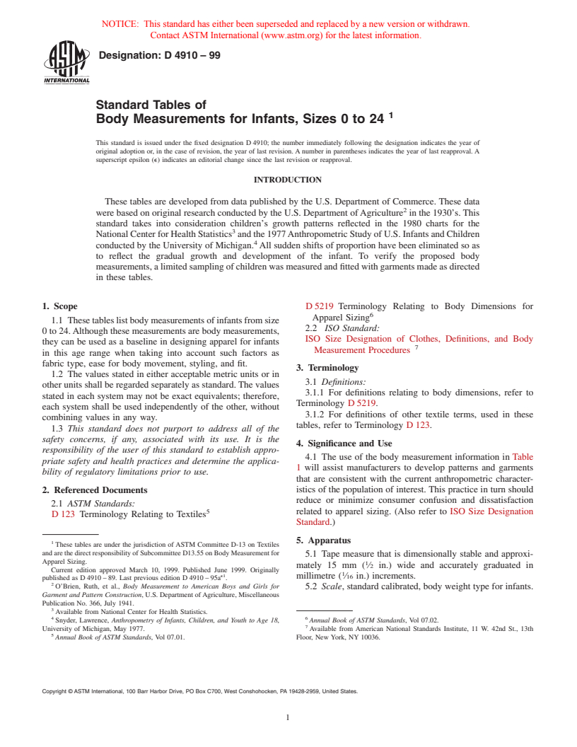 ASTM D4910-99 - Standard Tables of Body Measurements for Infants, Sizes 0 to 24