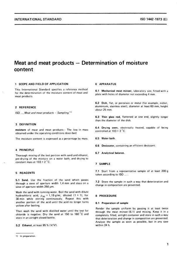 ISO 1442:1973 - Meat and meat products -- Determination of moisture content
