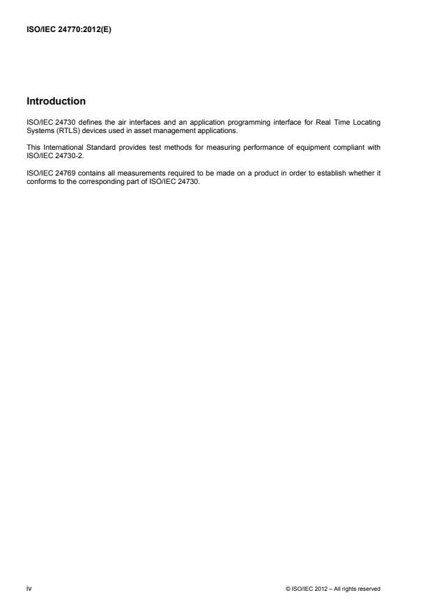 ISO/IEC 24770:2012 ISO/IEC 24770:2012 - Information technology -- Real-time locating system (RTLS) device performance test methods -- Test methods for air interface communication at 2,4 GHz - Page 4 preview