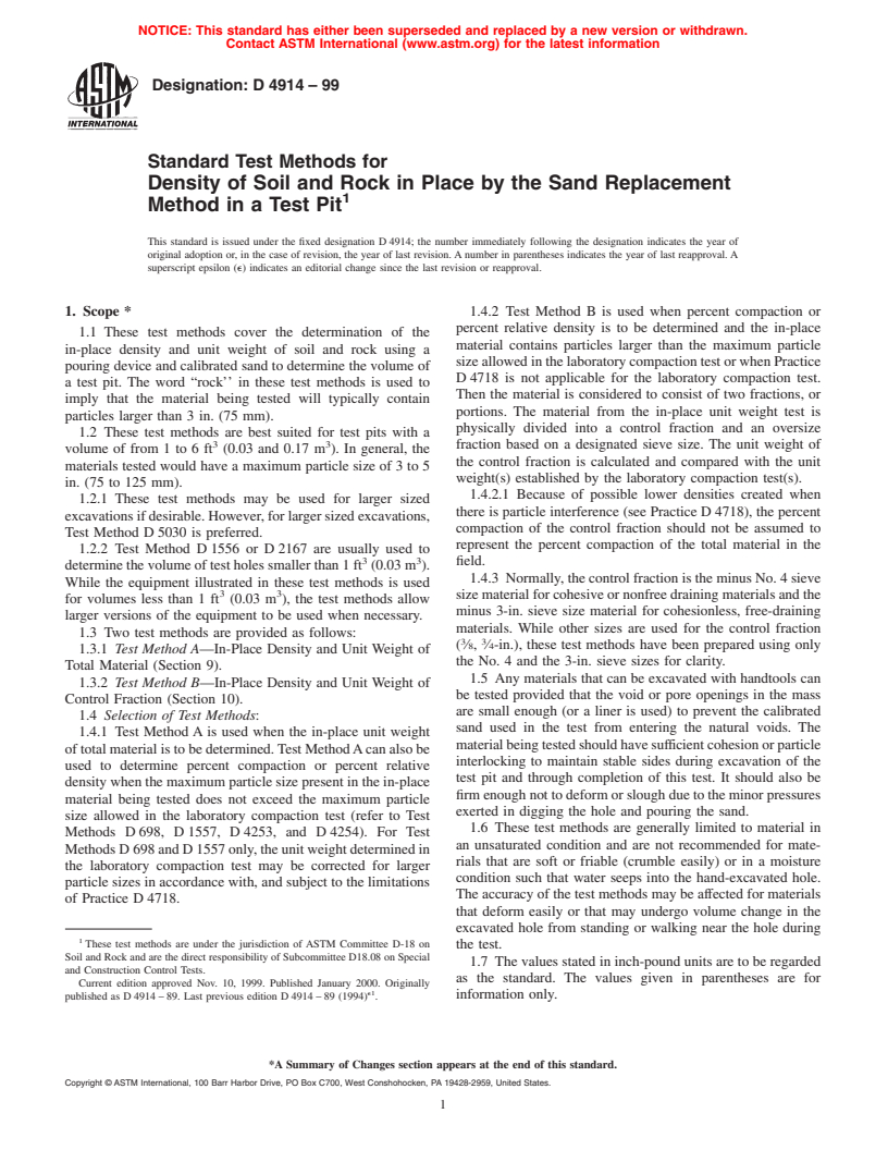 ASTM D4914-99 - Standard Test Methods for Density of Soil and Rock in Place by the Sand Replacement Method in a Test Pit