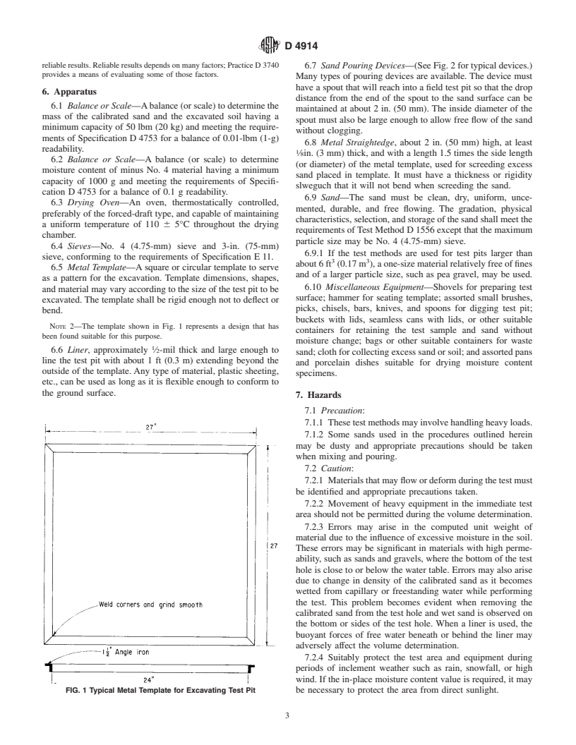 ASTM D4914-99 - Standard Test Methods for Density of Soil and Rock in Place by the Sand Replacement Method in a Test Pit