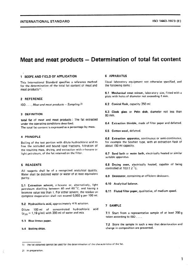 ISO 1443:1973 - Meat and meat products -- Determination of total fat content