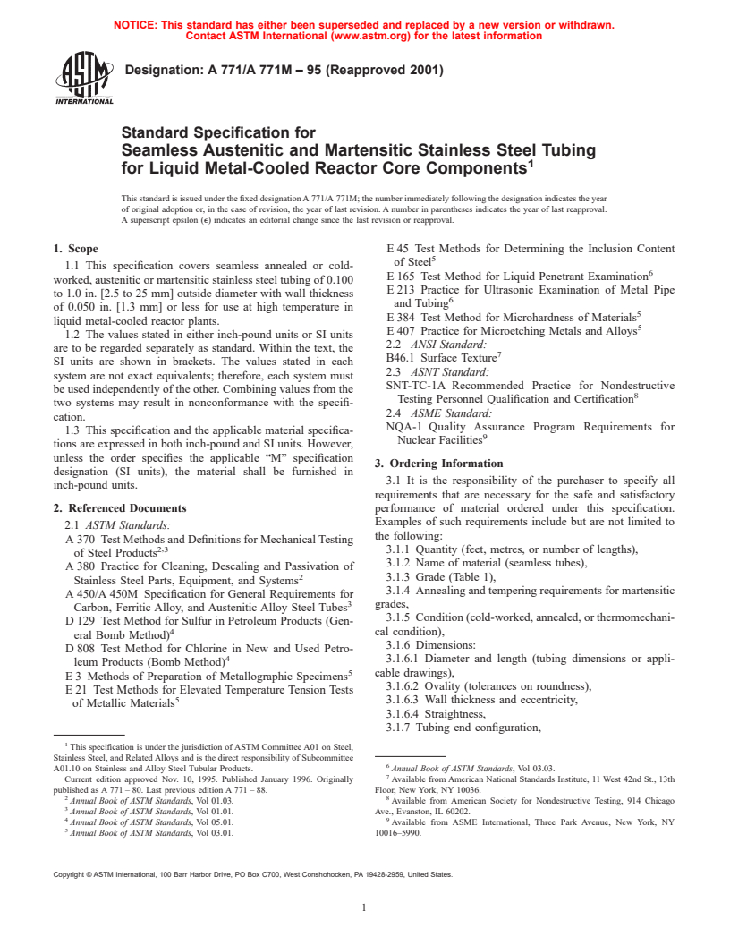 ASTM A771/A771M-95(2001) - Standard Specification for Seamless Austenitic and Martensitic Stainless Steel Tubing for Liquid Metal-Cooled Reactor Core Components (Withdrawn 2004)