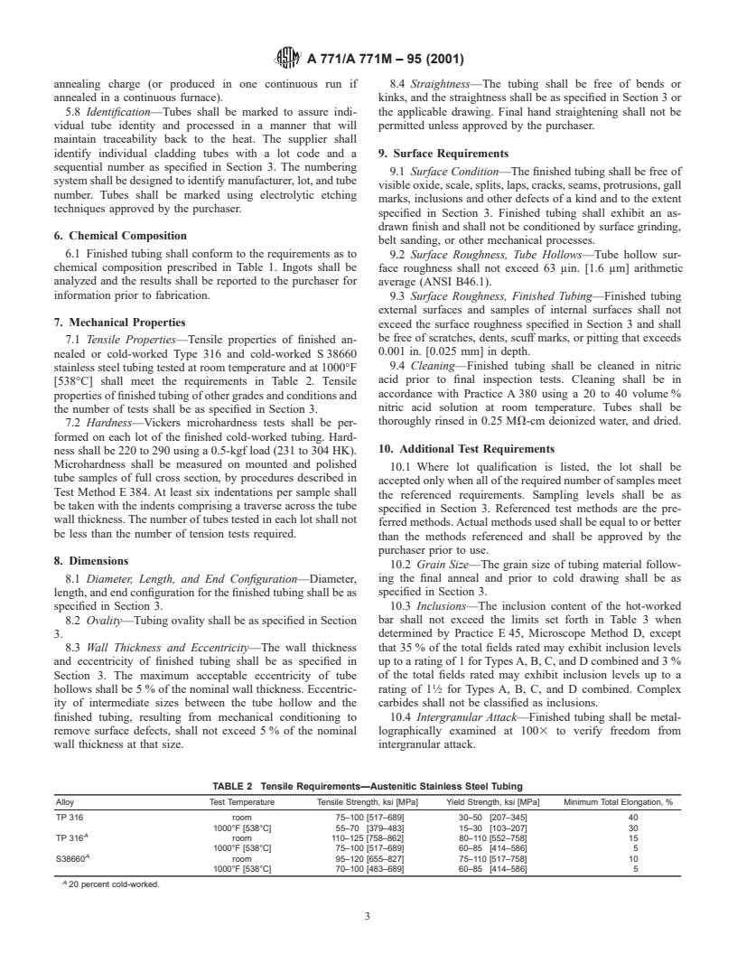 ASTM A771/A771M-95(2001) - Standard Specification for Seamless Austenitic and Martensitic Stainless Steel Tubing for Liquid Metal-Cooled Reactor Core Components (Withdrawn 2004)