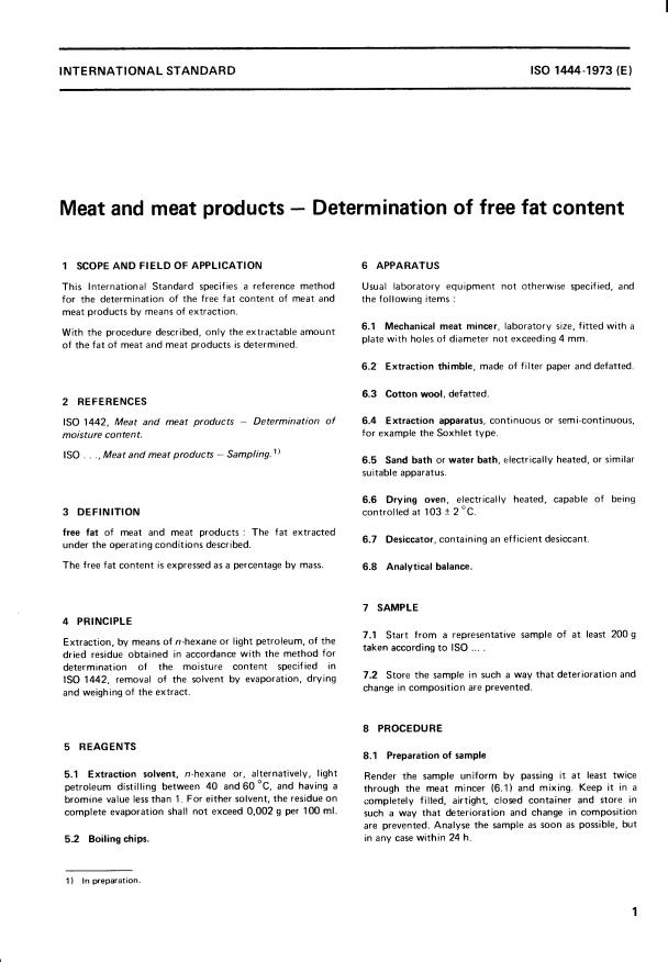 ISO 1444:1973 - Meat and meat products -- Determination of free fat content