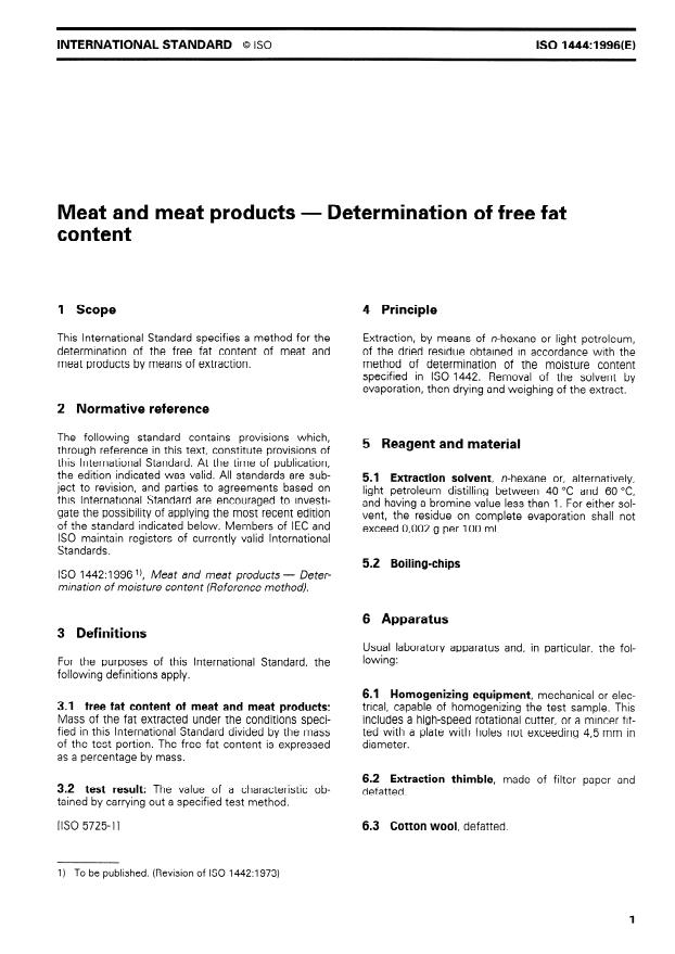 ISO 1444:1996 - Meat and meat products -- Determination of free fat content