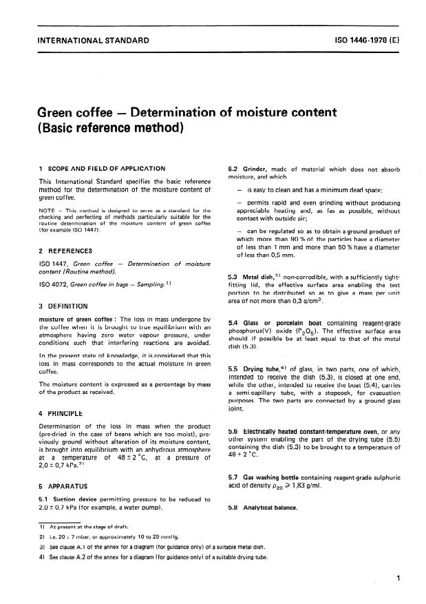 ISO 1446:1978 - Green coffee -- Determination of moisture content (Basic reference method)