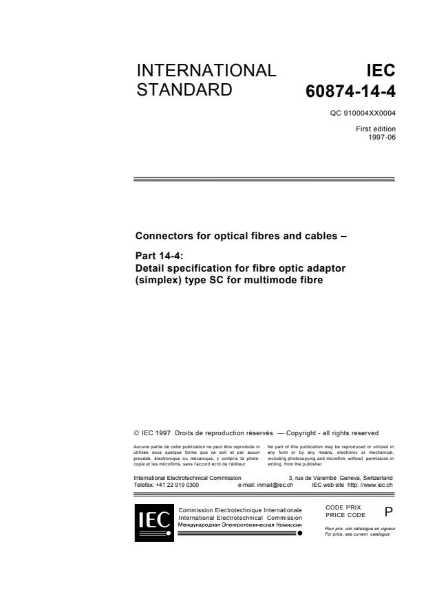 IEC 60874-14-4:1997 - Connectors for optical fibres and cables - Part 14-4: Detail specification for fibre optic adaptor (simplex) type SC for multi-mode fibre