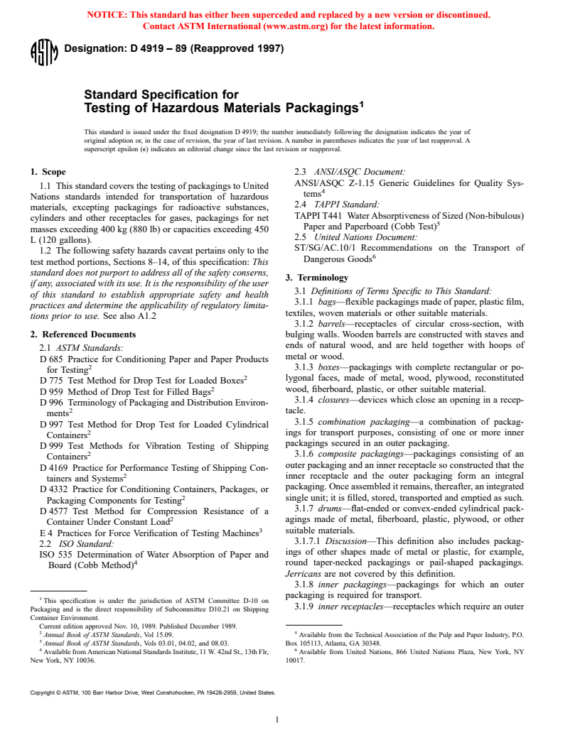 ASTM D4919-89(1997) - Standard Specification for Testing of Hazardous Materials Packagings