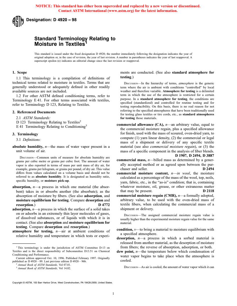 ASTM D4920-98 - Standard Terminology Relating to Moisture in Textiles